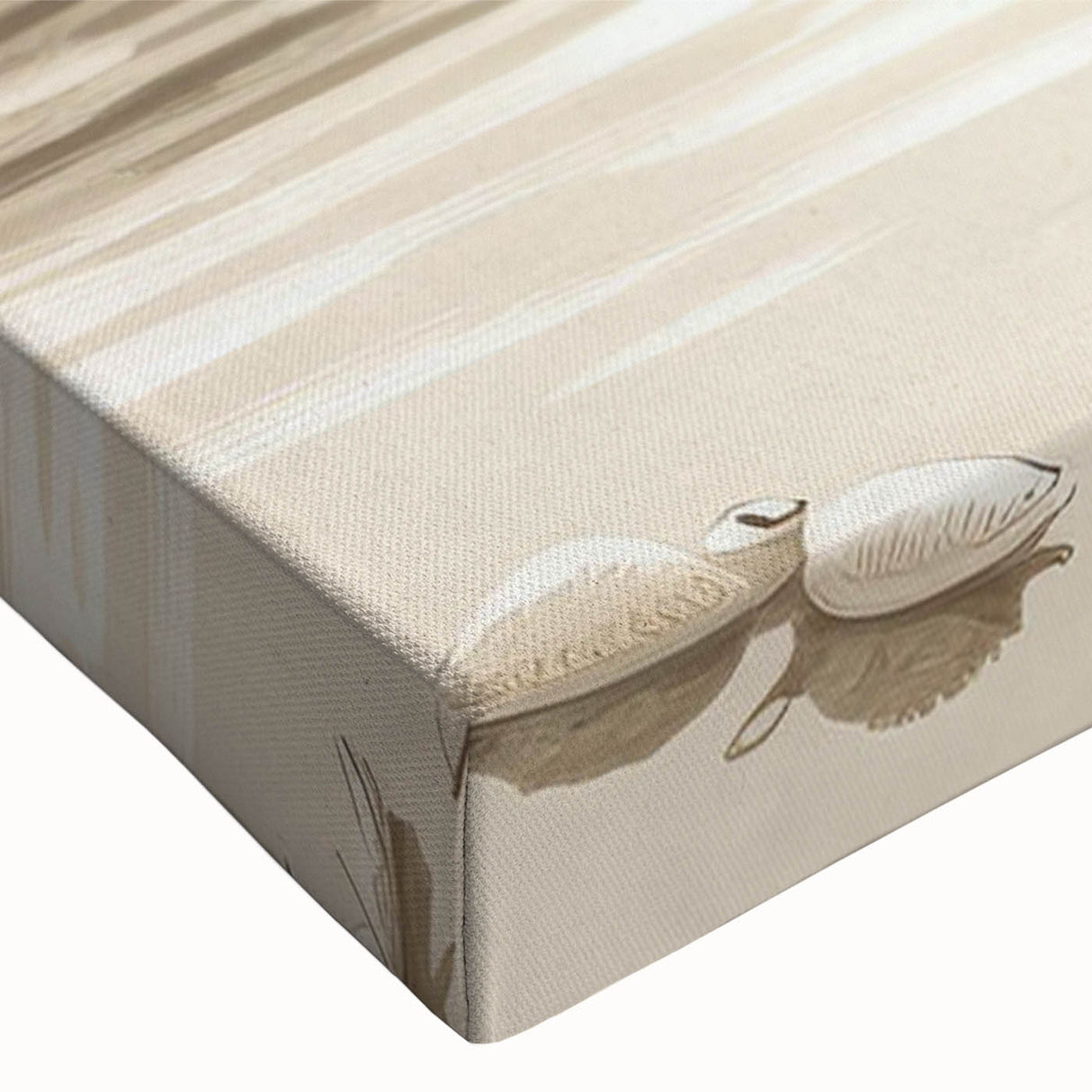 Close-up of a stretched canvas artwork showcasing an elegant swan design against a soft blue background, perfect for enhancing home decor with a touch of nature-inspired elegance. This high-quality wall art piece adds sophistication and tranquility to any room.
