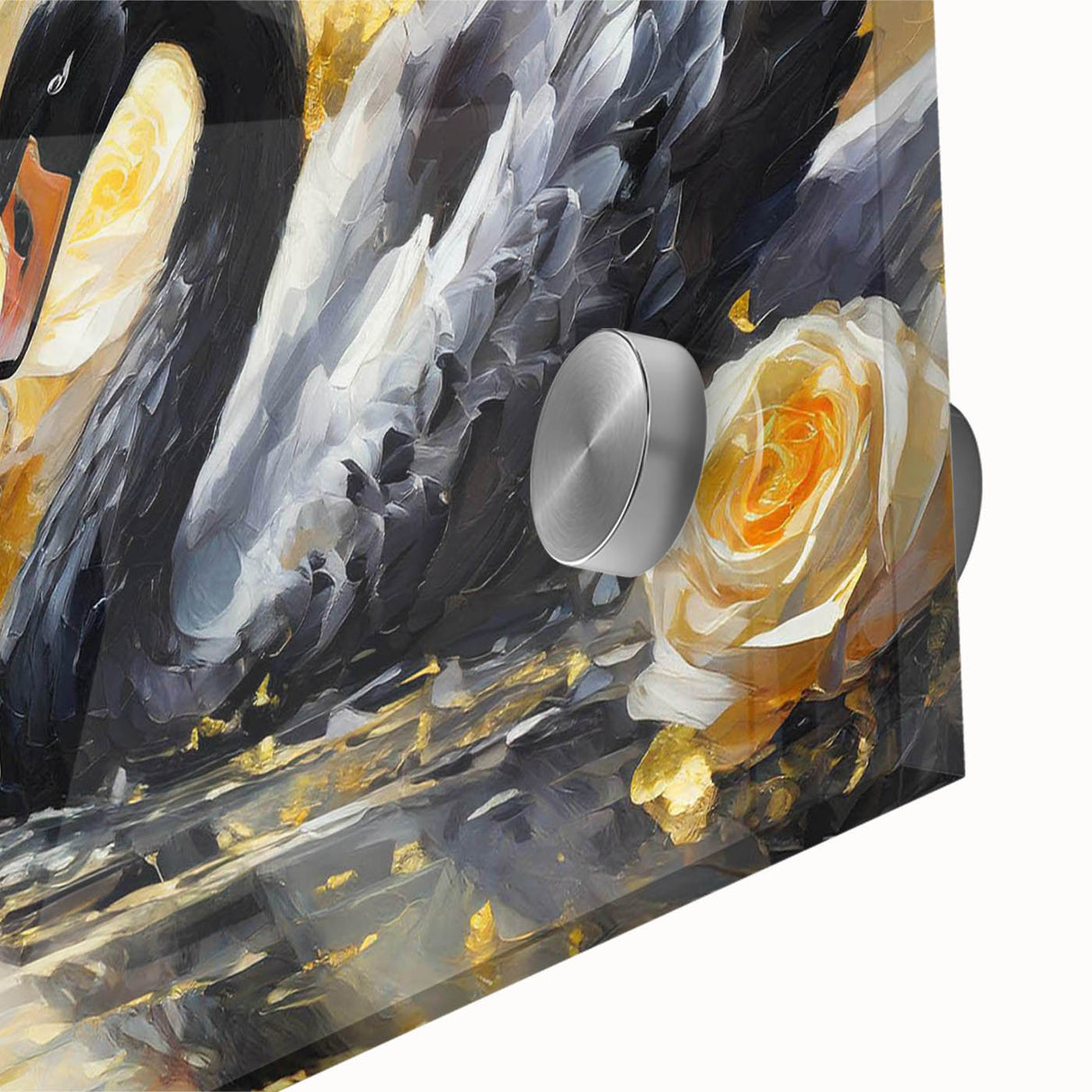 Close-up view of a stunning acrylic glass wall art piece showcasing a swan design, characterized by vibrant colors and intricate details, perfect for modern decor.