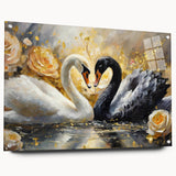 Swan-themed wall art collection displayed in an acrylic glass frame, showcasing intricate bird designs and vibrant colors, ideal for modern decor.