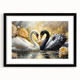 Elegant framed wall art featuring a serene swan design, showcased in a black frame with a white mat, perfect for enhancing modern decor and adding tranquility to any space.