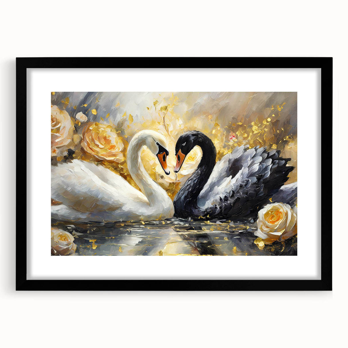 Elegant framed wall art featuring a serene swan design, showcased in a black frame with a white mat, perfect for enhancing modern decor and adding tranquility to any space.