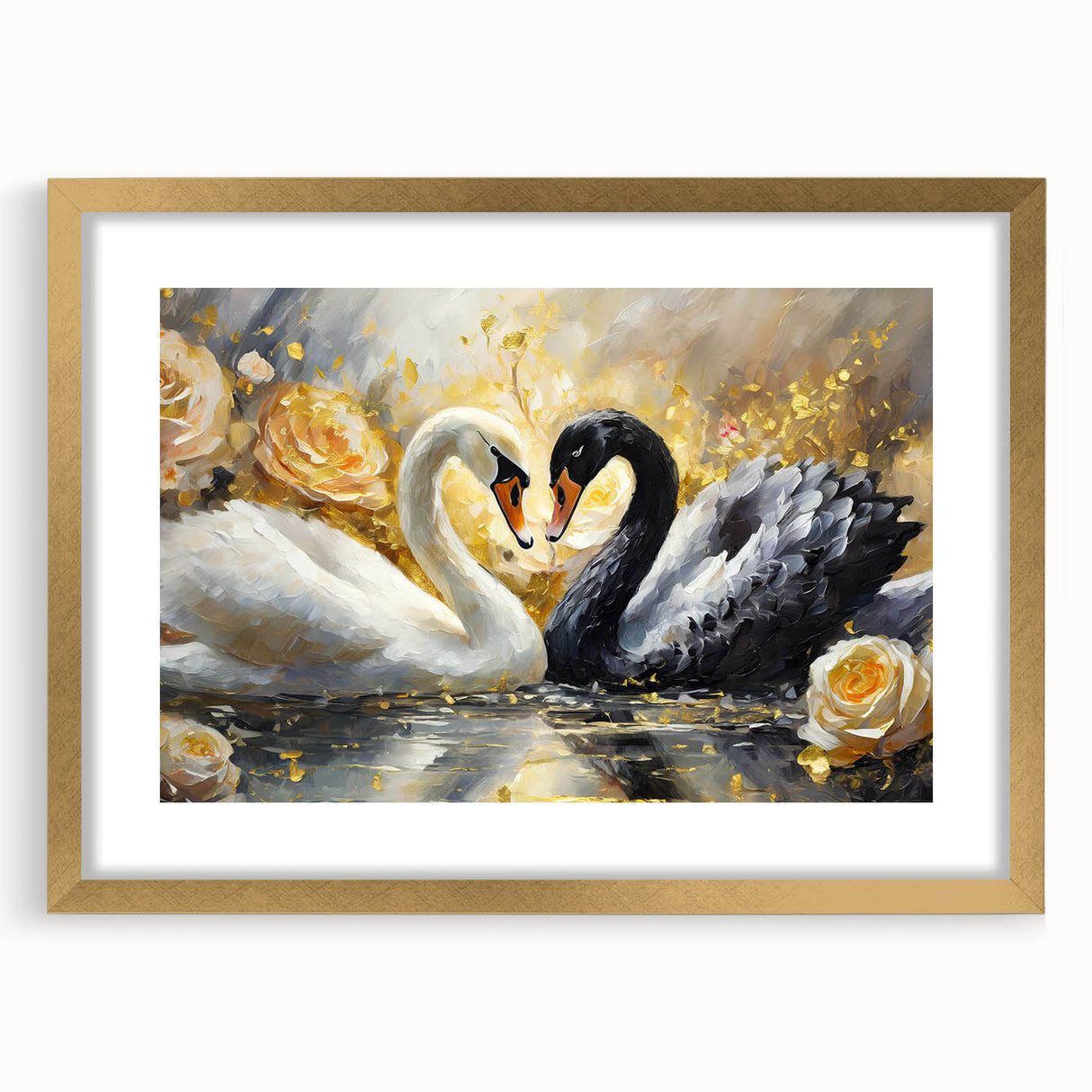 Elegant wall art featuring a gold-framed swan design, set against a sophisticated mat background, ideal for home decor and art enthusiasts. Perfect for enhancing living spaces with a touch of elegance and nature-inspired beauty.