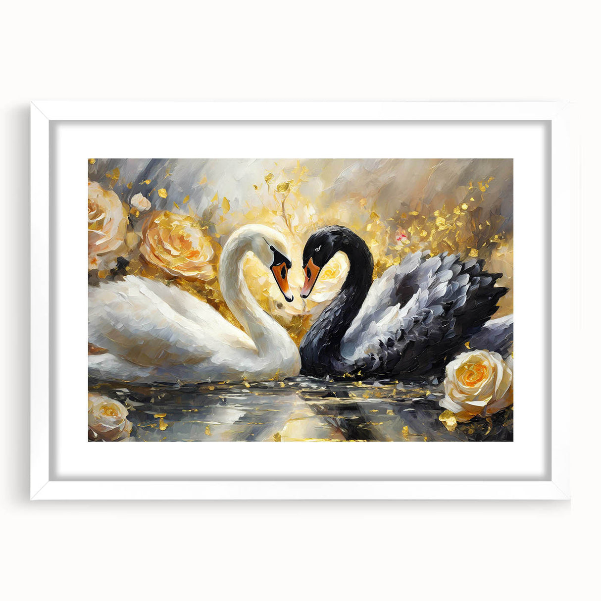 Elegant wall art featuring a swan design in a white frame with matting, showcasing a serene nature scene. Ideal for enhancing home decor and creating a calming atmosphere.