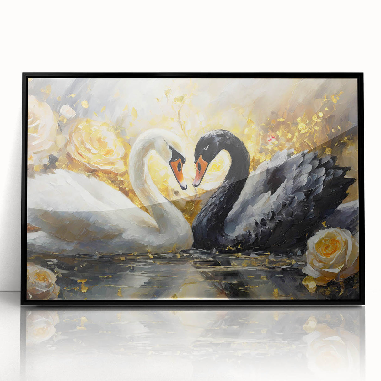 Framed wall art featuring a serene swan design in a black acrylic frame, showcasing intricate details and elegant colors, perfect for home decor enthusiasts.