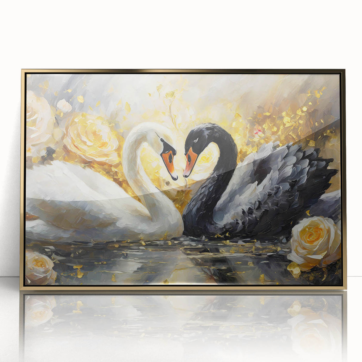 Framed wall art featuring elegant swan designs with gold accents, showcasing a serene aquatic scene. Ideal for home decor, this acrylic piece adds sophistication and charm.