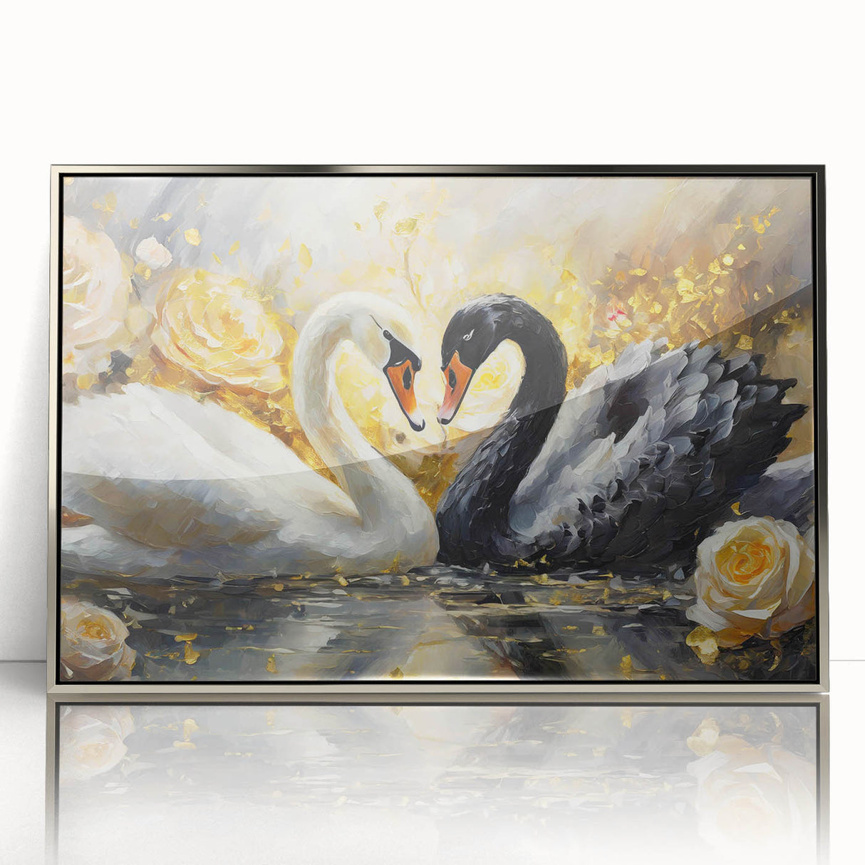 Framed wall art featuring a serene swan design in acrylic with a silver border, ideal for home decor. The artwork adds elegance and tranquility to any space.