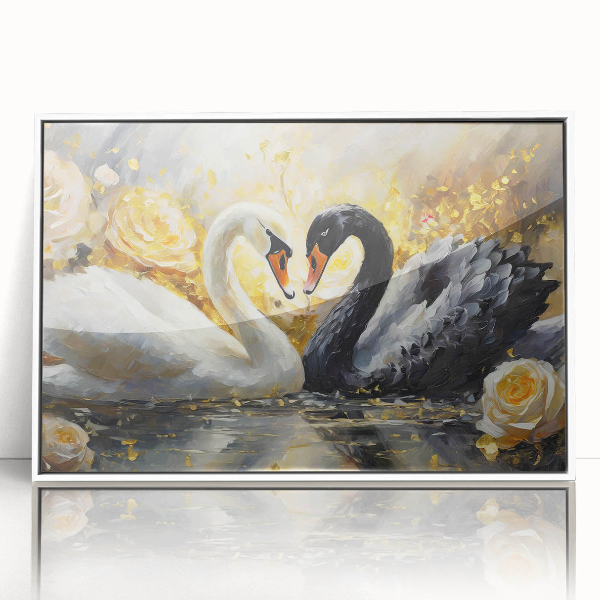 Framed wall art featuring an elegant swan design surrounded by soft pastel colors, perfect for home decor. Ideal for adding a touch of sophistication to any room.