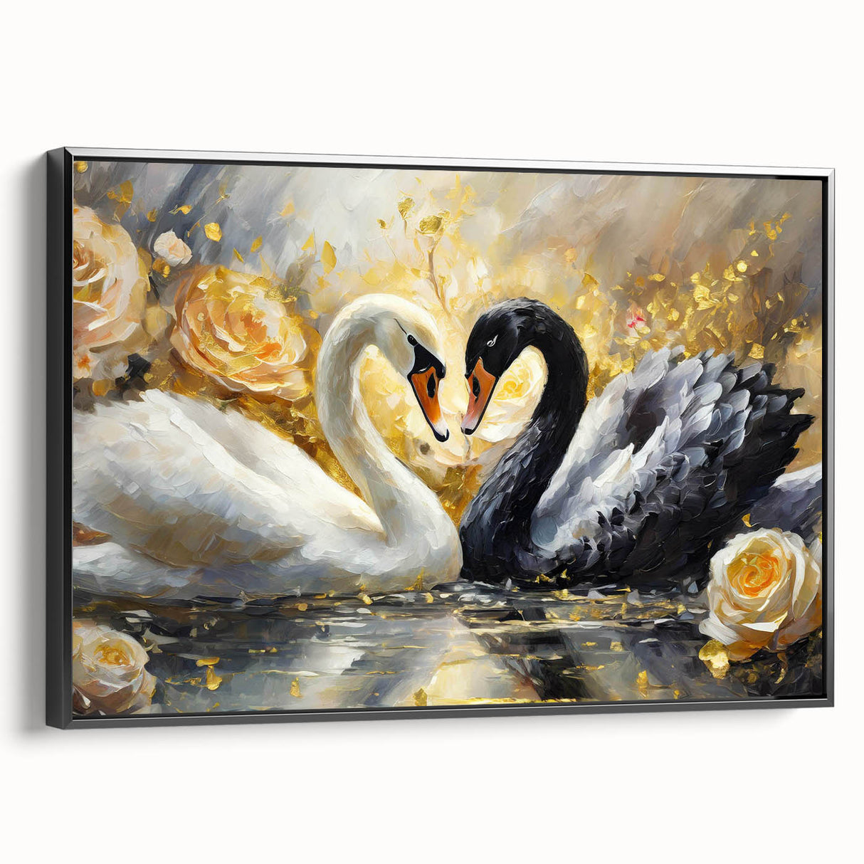 Framed wall art featuring a graceful swan design, set against a textured black background, showcasing elegant lines and serene colors, ideal for modern decor.