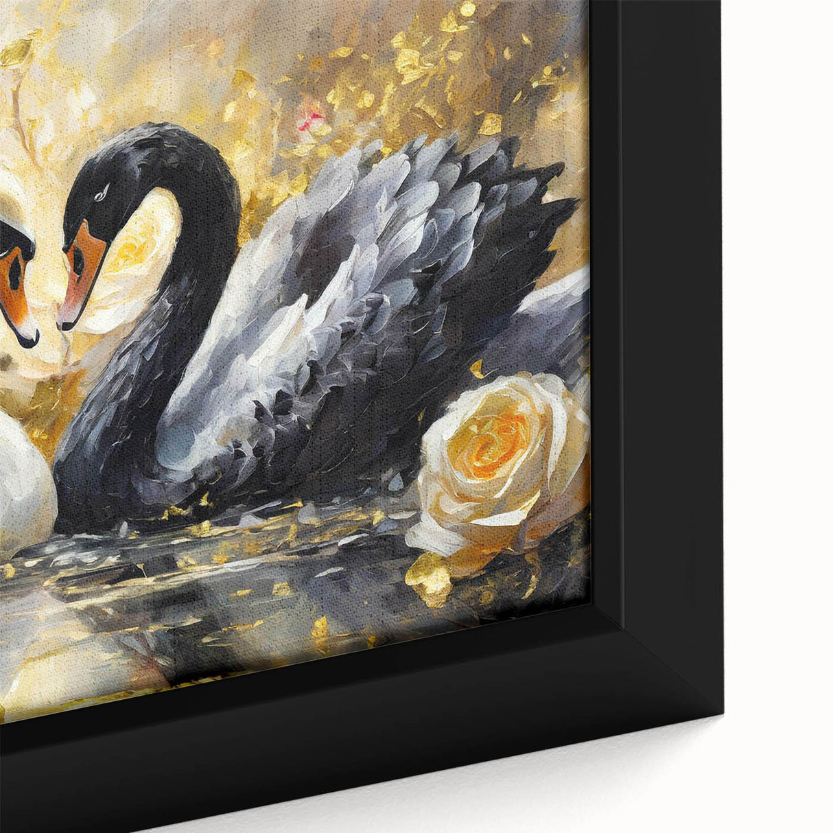 Close-up of a framed canvas wall art piece showcasing an elegant swan design, featuring soft pastel colors and intricate details, ideal for enhancing home decor.