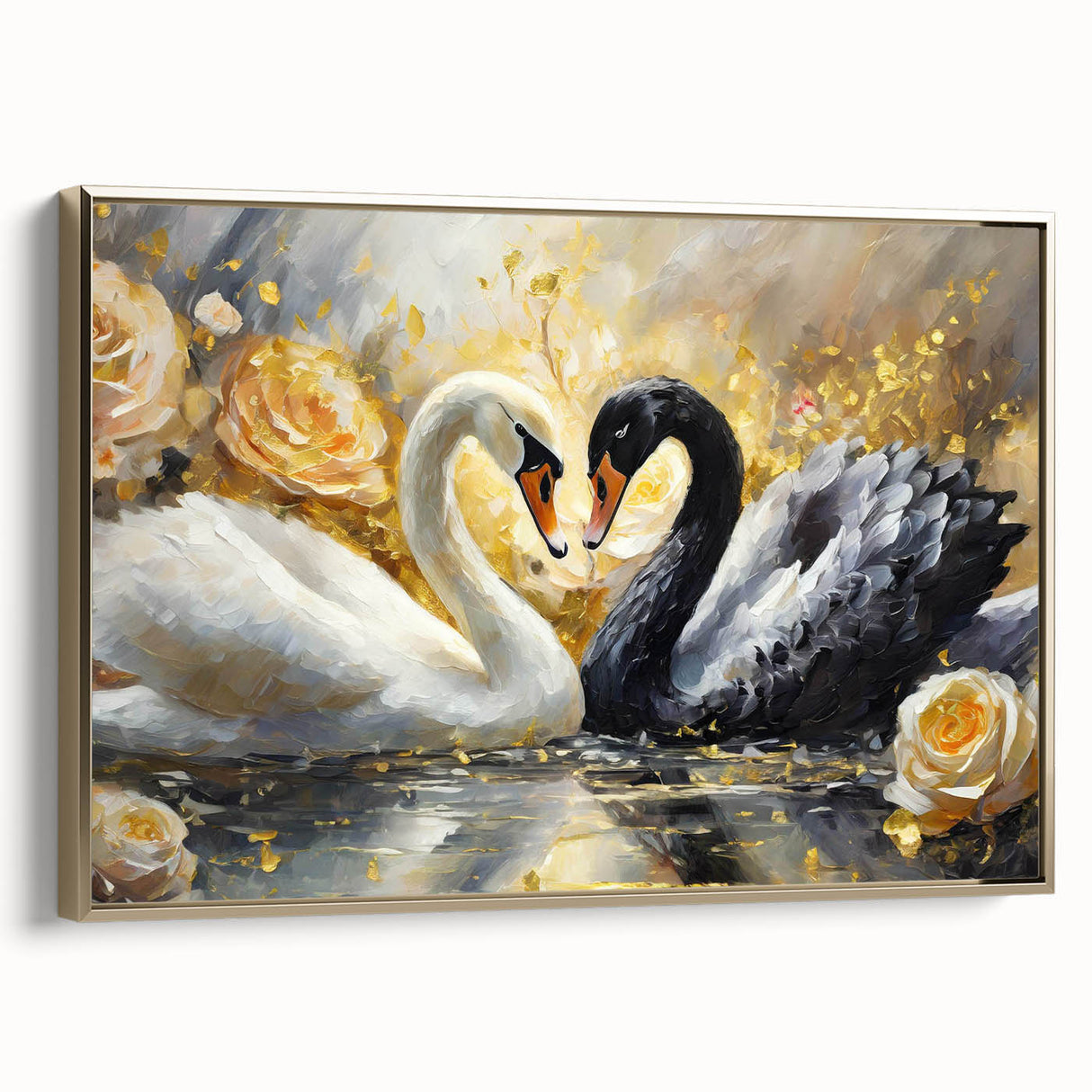 Framed canvas wall art featuring a graceful swan design in gold tones, set against a neutral background, showcasing elegant home decor for modern interiors.