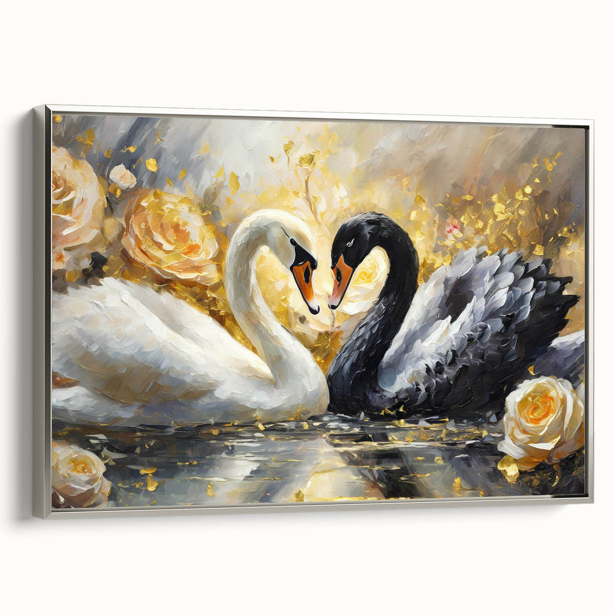 Framed canvas wall art featuring an elegant swan design in silver tones, showcased in a stylish setting, perfect for modern home decor. Ideal for enhancing living spaces with a touch of sophistication.