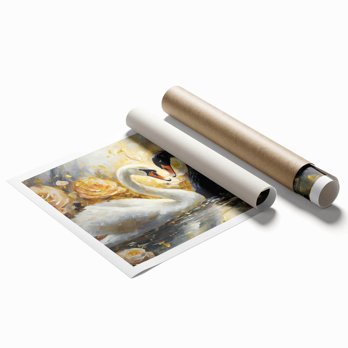 Elegant swan wall art print featuring a serene design with soft pastel colors, rolled for easy display and shipping in a protective tube, ideal for home decor.