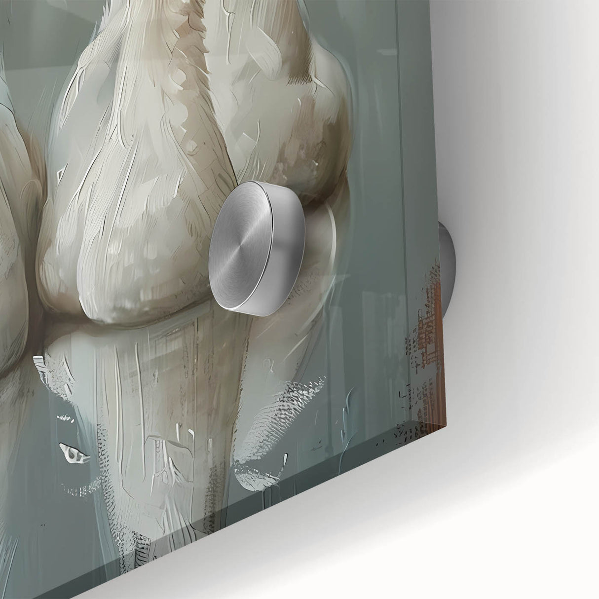Close-up of a stunning acrylic glass wall art piece depicting elegant swan designs, showcasing vibrant colors and intricate details, perfect for modern decor.