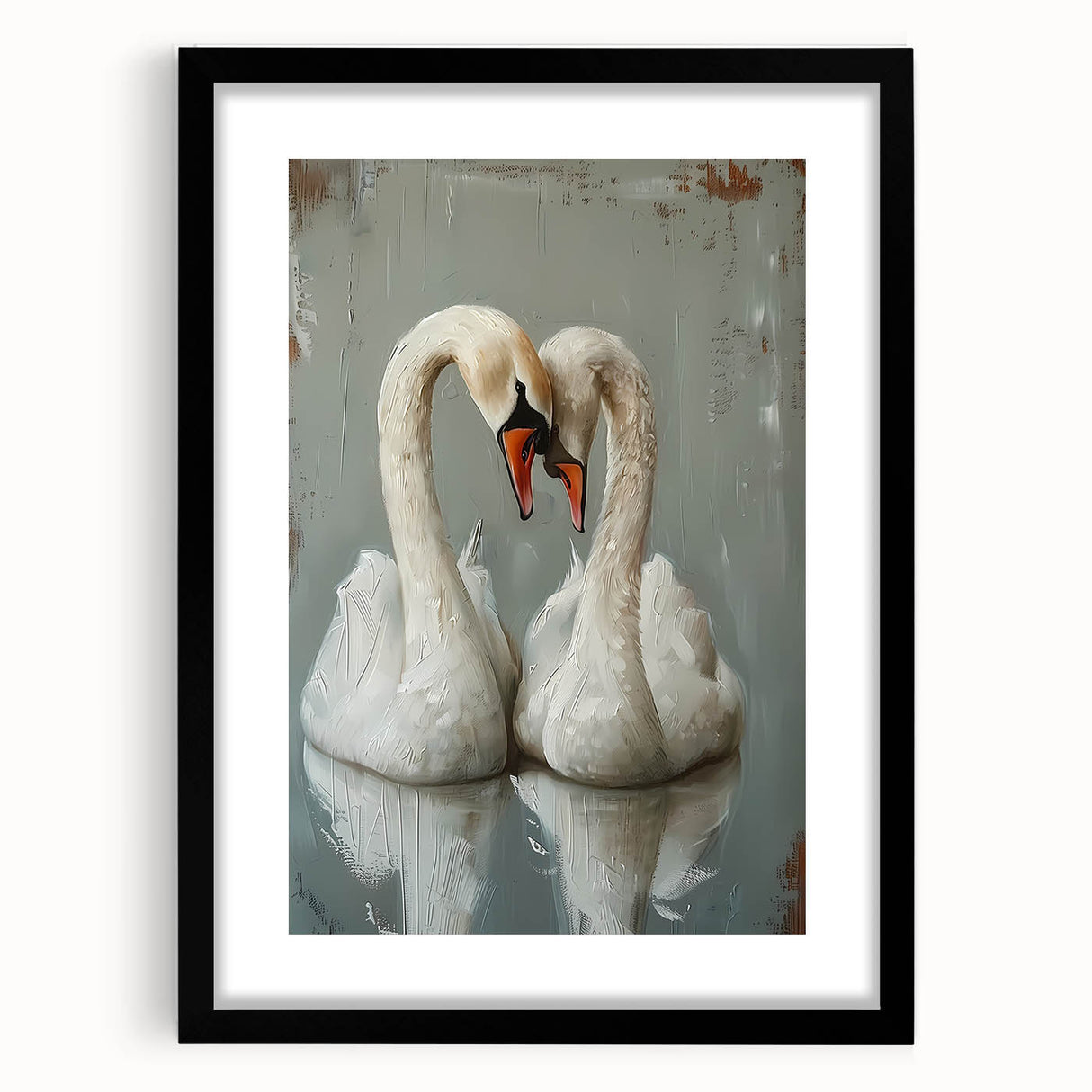 Elegant black-framed wall art showcasing a serene swan design, meticulously matted for a refined presentation, perfect for enhancing modern home decor.