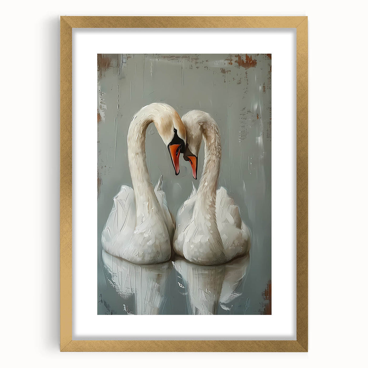 Elegant framed wall art featuring a swan design with a gold mat, perfect for enhancing modern decor. Ideal for living rooms or offices, adding a touch of sophistication.