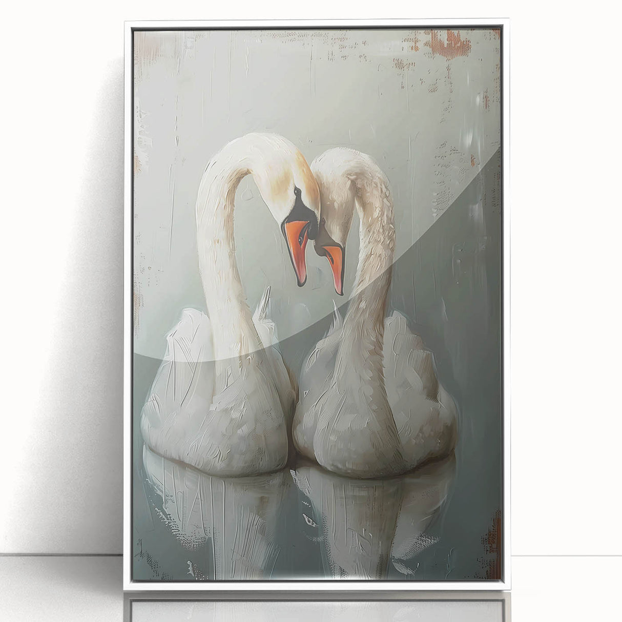 Framed acrylic wall art featuring elegant swan designs in a white frame, showcasing a serene nature scene. Perfect for adding a touch of sophistication to home decor.