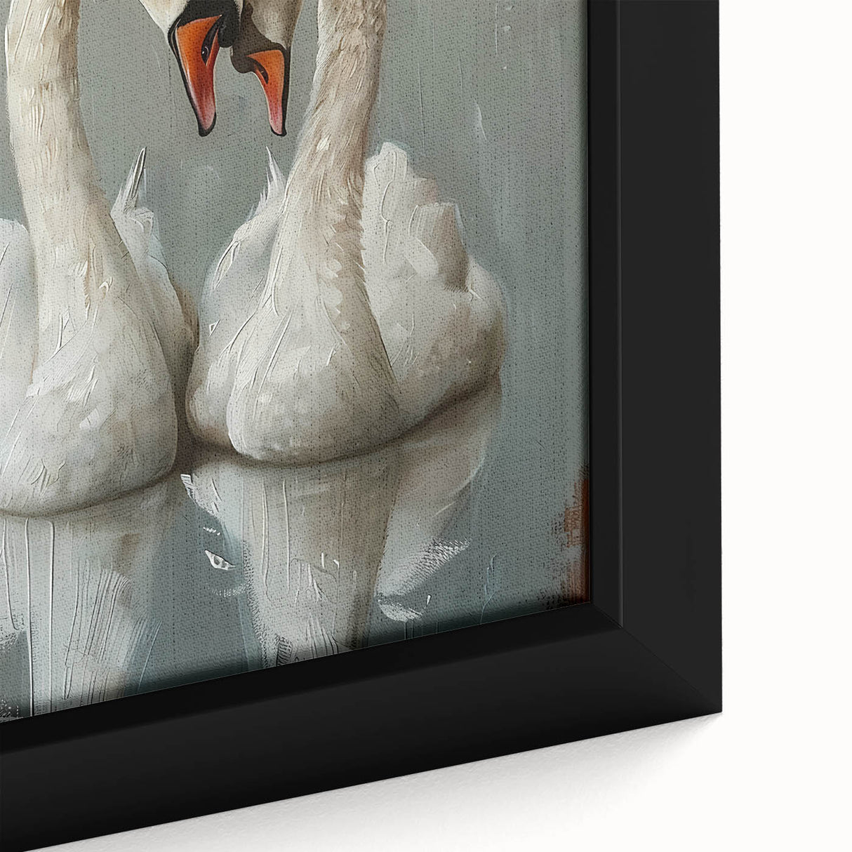 Close-up of a framed canvas wall art piece showcasing a serene swan design, featuring soft pastel colors and intricate details, perfect for elegant home decor.