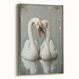 Elegant wall art featuring a side view of a framed canvas depicting graceful swans with a gold accent design, ideal for enhancing modern home decor.