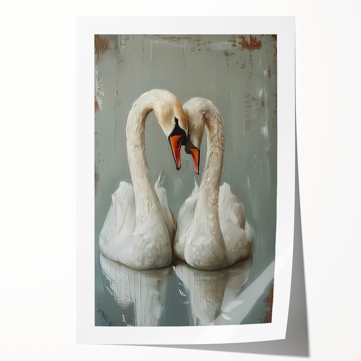 A beautifully designed rolled print showcasing a serene swan surrounded by delicate floral elements in soft pastel colors, ideal for enhancing home decor.