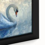 Close-up of a framed canvas wall art featuring elegant swan designs in soft pastel colors, perfect for enhancing modern home decor and creating a serene ambiance.