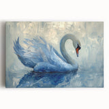 Stretched canvas print showcasing a serene swan design, featuring soft hues of white and blue, ideal for enhancing home decor with elegance and tranquility.