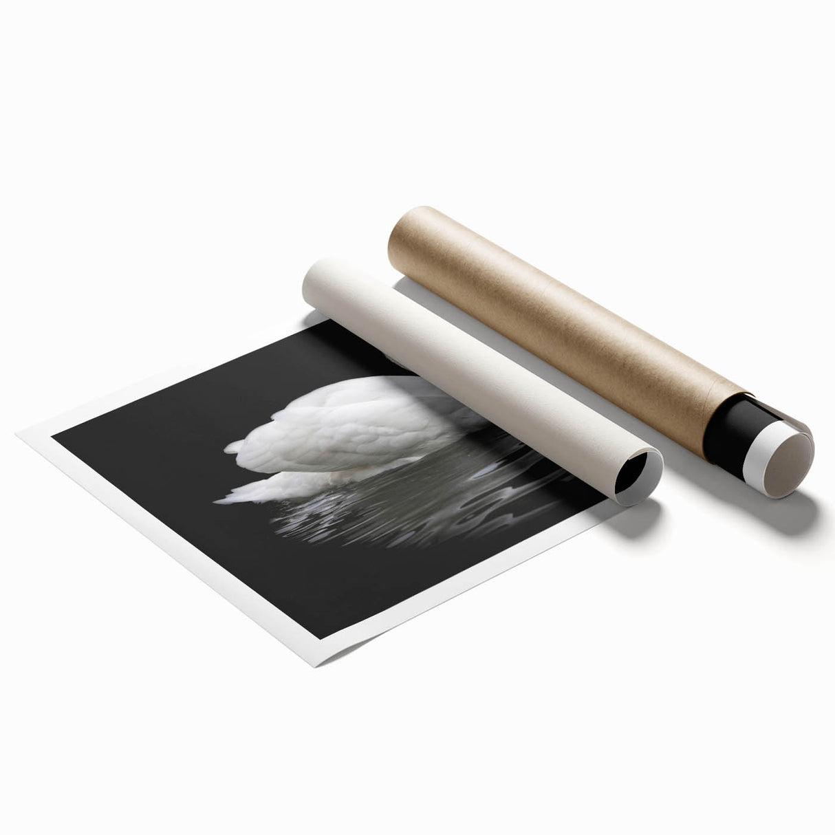 Elegant rolled print of a swan design wall art collection, featuring soft pastel colors and intricate details, perfect for adding a serene touch to home decor.