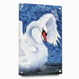 Elegant wall art collection featuring a side view of a swan design printed on acrylic glass, showcasing vibrant colors and sleek pins for easy hanging. Perfect for modern home decor enthusiasts looking to add a touch of nature-inspired elegance to their living space.