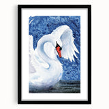Elegant wall art featuring a black-framed collection of swan designs, showcasing intricate details and a modern aesthetic, perfect for enhancing home decor.