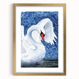 Elegant wall art collection featuring a framed swan design with a gold mat, showcasing intricate bird illustrations in a stylish front view. Ideal for home decor.
