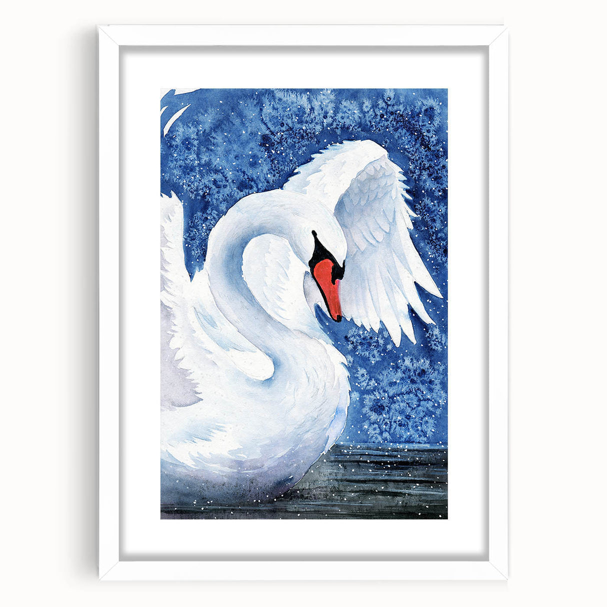 Elegant wall art showcasing a serene swan design, framed in white with a mat, perfect for enhancing home decor with a touch of nature-inspired beauty.