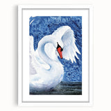 Elegant wall art showcasing a serene swan design, framed in white with a mat, perfect for enhancing home decor with a touch of nature-inspired beauty.