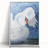 Framed wall art featuring a serene swan design in an elegant white frame, showcasing intricate details and soft colors, perfect for enhancing home decor.