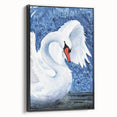 Framed canvas wall art featuring a serene swan design, elegantly displayed in a black frame, ideal for enhancing home decor with a touch of nature and tranquility.