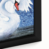 Close-up of a framed canvas wall art piece showcasing a serene swan design. The artwork features soft pastel colors and intricate details, perfect for enhancing home decor. Ideal for bird lovers and art enthusiasts, this elegant piece adds a touch of tranquility to any room.