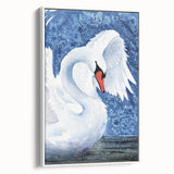 Framed canvas wall art showcasing a serene swan design in white and pastel colors, ideal for elegant home decor, displayed from a side view against a neutral background.