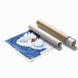 Elegant wall art print featuring a graceful swan design in soft pastel colors, ideal for home decor or nursery decoration, rolled and ready for framing.