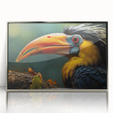 Framed wall art featuring a vibrant tropical bird design with a sleek silver frame, enhancing any decor with its colorful detail and aesthetic appeal.