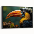 Framed canvas wall art showcasing a vibrant tropical bird design, featuring a black frame and side view display, perfect for enhancing home decor with a touch of nature.