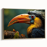 Tropical bird-themed wall art collection featuring vibrant colors and gold framing, showcasing a side view of the canvas design in a modern home setting.