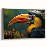 Framed canvas wall art showcasing a vibrant tropical bird design with silver accents, ideal for adding a colorful touch to home decor. The artwork features lush greens and bright bird colors, enhancing any interior space.