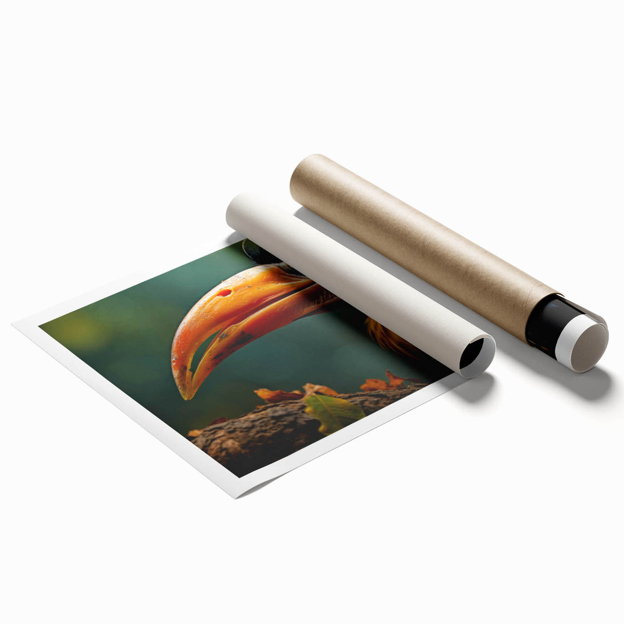 Vibrant tropical bird wall art print featuring colorful parrots and exotic foliage, rolled and securely packaged in a durable tube for easy display. Perfect for enhancing home decor with a touch of nature.