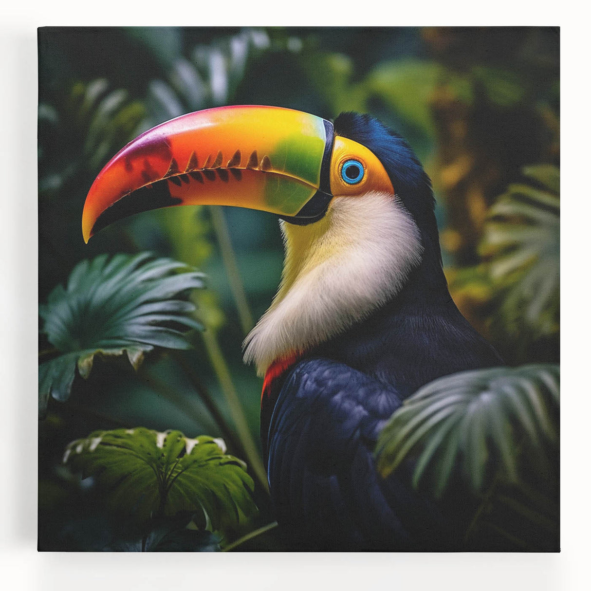 Vibrant tropical bird wall art canvas featuring colorful parrots and exotic foliage, designed for modern decor. Perfect for adding a lively touch to interiors.