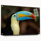 Vibrant tropical bird-themed wall art collection displayed in acrylic glass, showcasing an eye-catching design with colorful feathered birds and stylish pins on a side view. Perfect for enhancing interior decor with a lively touch.