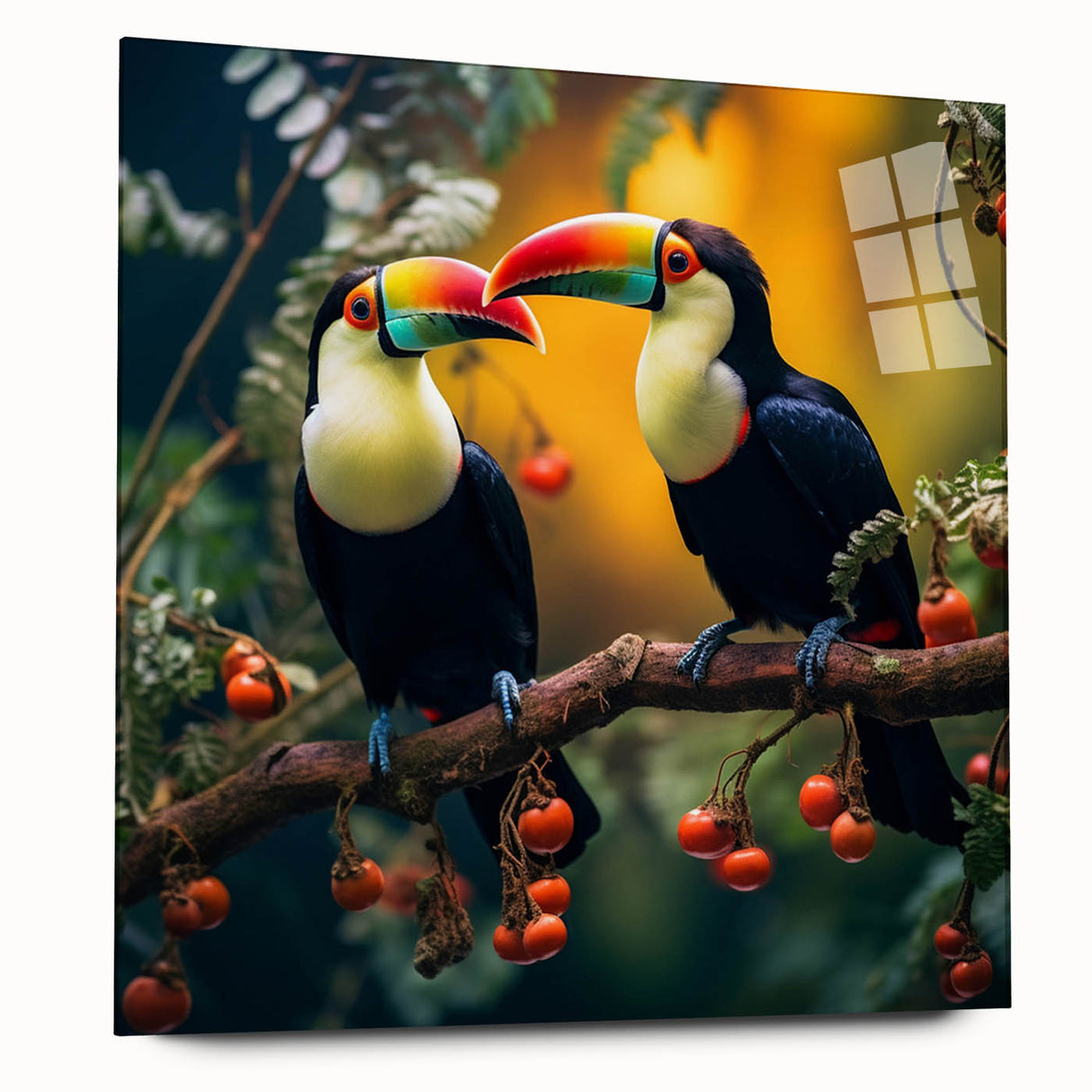 Tropical birds wall art collection displayed in a sleek acrylic glass frame, showcasing vibrant colors and intricate designs, ideal for enhancing interior decor.