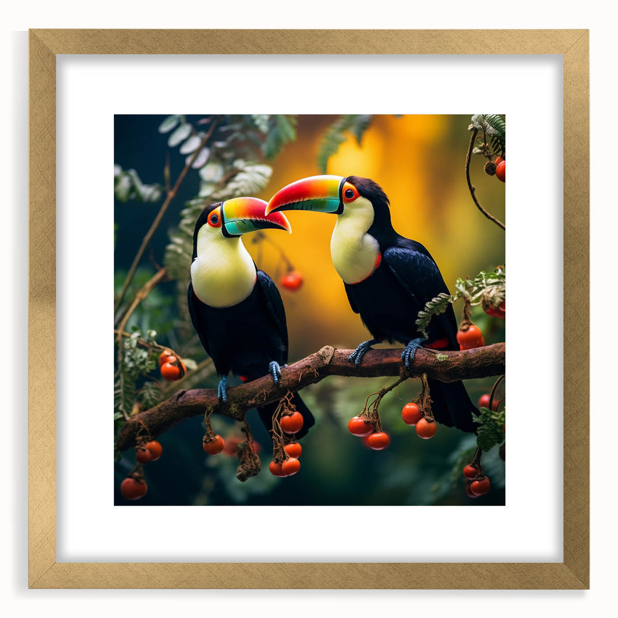 Framed tropical bird wall art showcasing vibrant colors and intricate details, featuring a gold mat and frame, perfect for enhancing home decor.