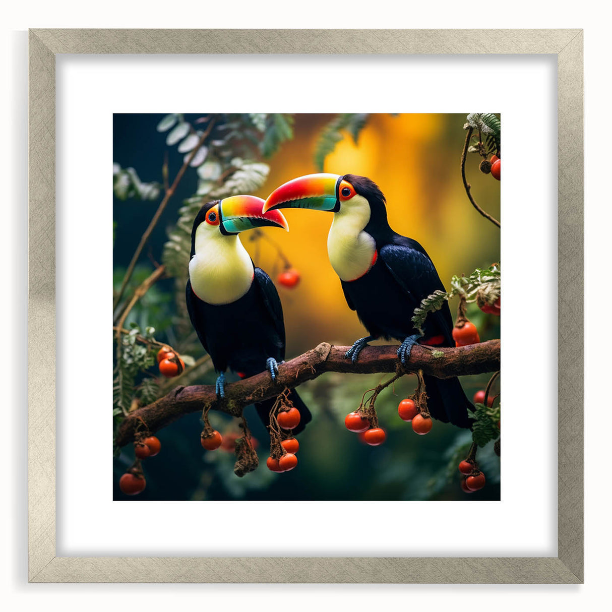 Framed tropical bird wall art collection featuring vibrant colors and intricate designs, elegantly set in a silver frame with a mat, ideal for home decor.