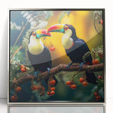 Framed wall art featuring a vibrant tropical bird design with a sleek silver acrylic frame, perfect for enhancing modern home decor and adding a splash of color.
