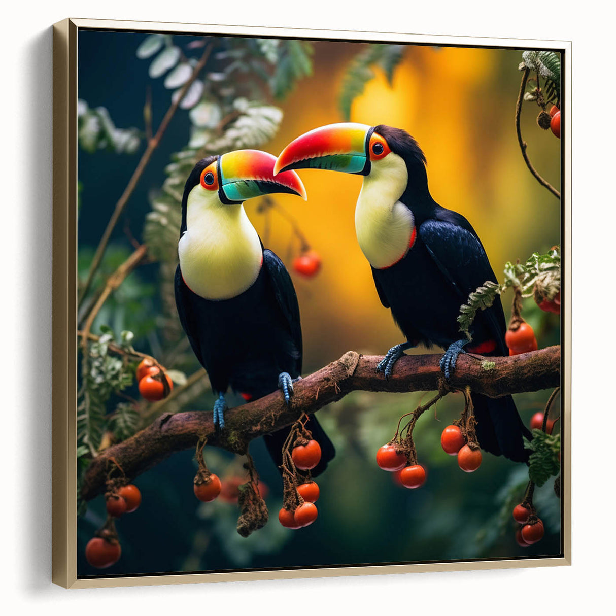 Framed canvas wall art featuring a vibrant tropical bird design with gold accents, showcasing lush colors and intricate details, perfect for enhancing modern decor.