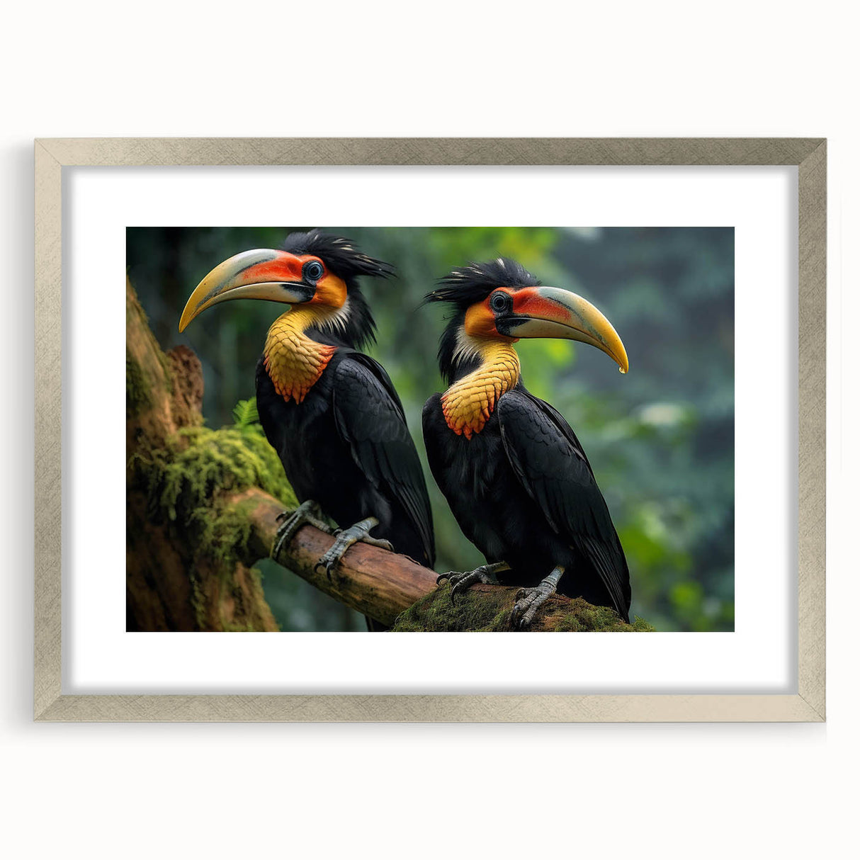 Framed tropical bird wall art featuring vibrant colors and intricate designs, set in a sleek silver frame with matting, ideal for home decor.