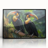 Framed acrylic wall art featuring a vibrant tropical birds design, showcasing colorful plumage against a sleek black frame, perfect for enhancing modern decor.